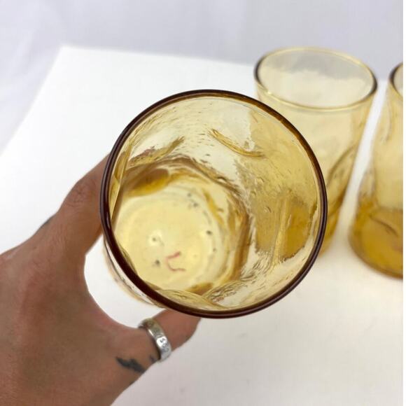 VTG Honey Amber Dimpled Glass Tumblers Pinched Yellow MCM Set of 4 - Picture 4 of 14